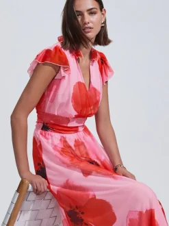 Red/Pink Floral Pleated Mesh Print V-Neck Occasion Maxi Dress