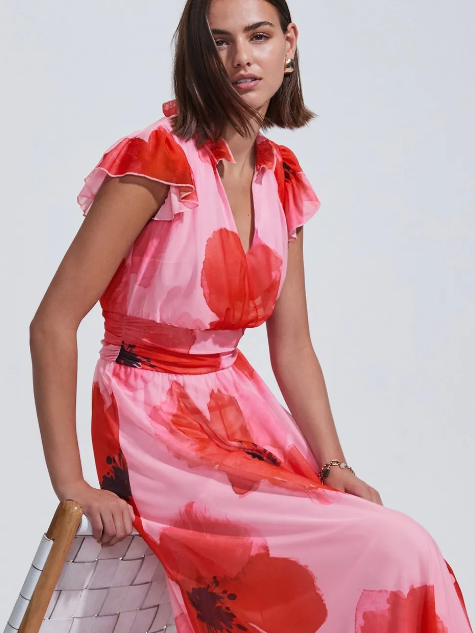 Red/Pink Floral Pleated Mesh Print V-Neck Occasion Maxi Dress