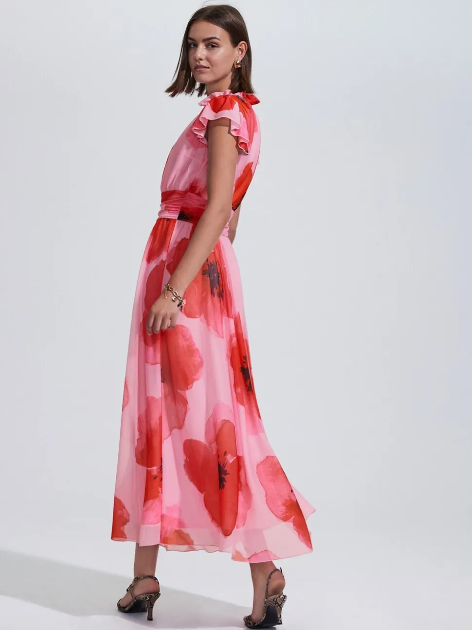 Red/Pink Floral Pleated Mesh Print V-Neck Occasion Maxi Dress