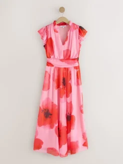 Red/Pink Floral Pleated Mesh Print V-Neck Occasion Maxi Dress