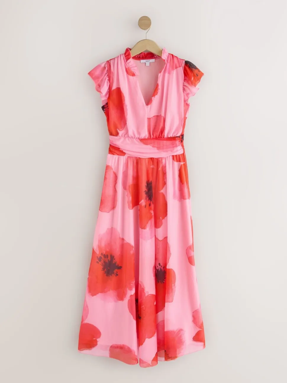 Red/Pink Floral Pleated Mesh Print V-Neck Occasion Maxi Dress