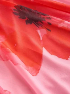 Red/Pink Floral Pleated Mesh Print V-Neck Occasion Maxi Dress