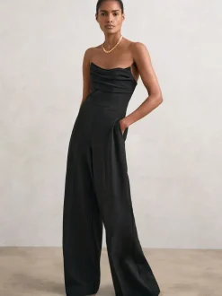 Reiss Black Ayla Structured Strapless Wide-Leg Jumpsuit