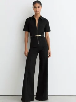 Reiss Black Danie Wide-Leg Zip-Through Denim Jumpsuit