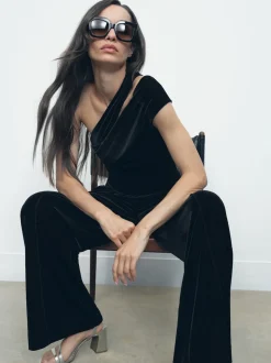 Reiss Black Daria Petite Velvet One-Shoulder Wide-Leg Jumpsuit
