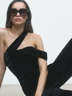 Reiss Black Daria Petite Velvet One-Shoulder Wide-Leg Jumpsuit