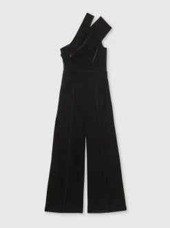 Reiss Black Daria Velvet One-Shoulder Wide-Leg Jumpsuit