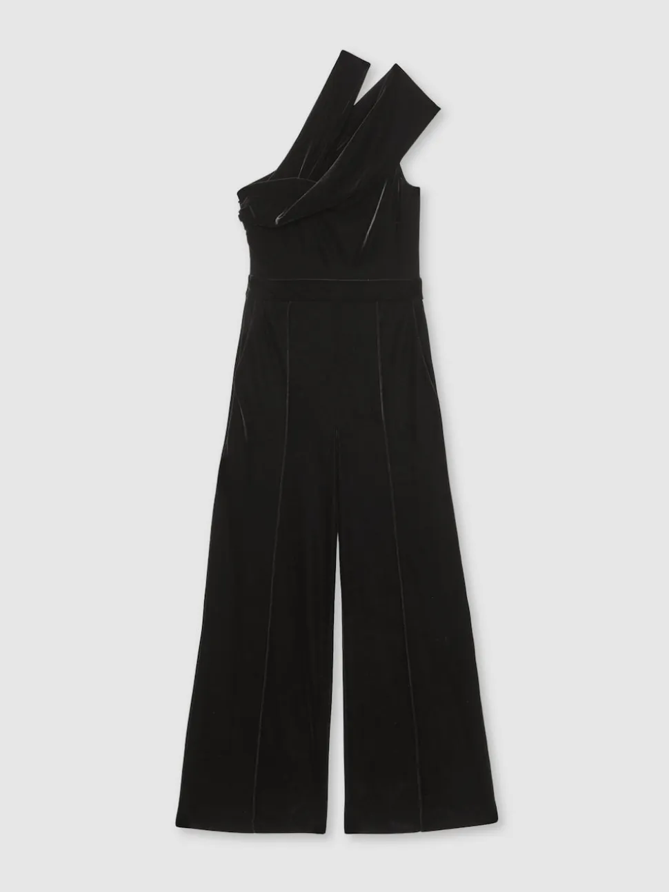 Reiss Black Daria Velvet One-Shoulder Wide-Leg Jumpsuit