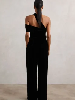 Reiss Black Daria Velvet One-Shoulder Wide-Leg Jumpsuit