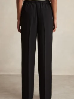 Reiss Black Eden Elasticated-Waist Wide-Leg Twill Trousers