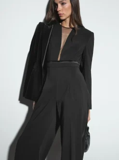 Reiss Black Evora Petite Plunge-Neck Split-Sleeve Jumpsuit
