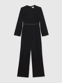 Reiss Black Evora Petite Plunge-Neck Split-Sleeve Jumpsuit