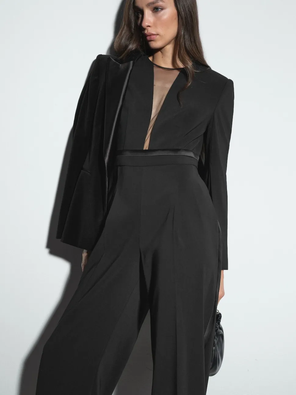 Reiss Black Evora Plunge-Neck Split-Sleeve Jumpsuit