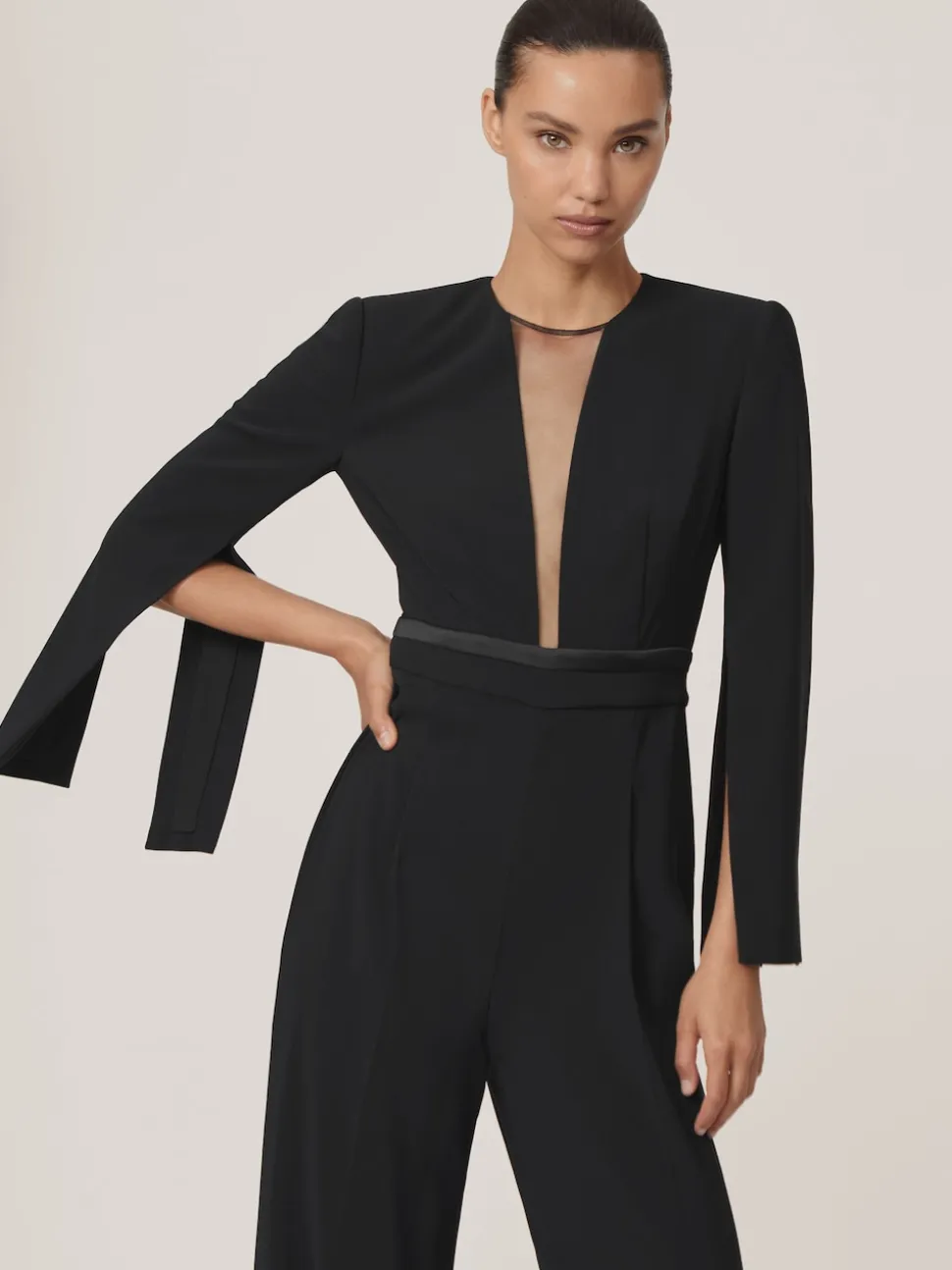 Reiss Black Evora Plunge-Neck Split-Sleeve Jumpsuit
