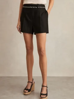 Reiss Black Fawn Linen Whipstitch Shorts