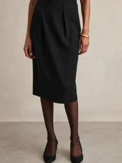 Reiss Black Gabi Tailored Midi Suit Skirt