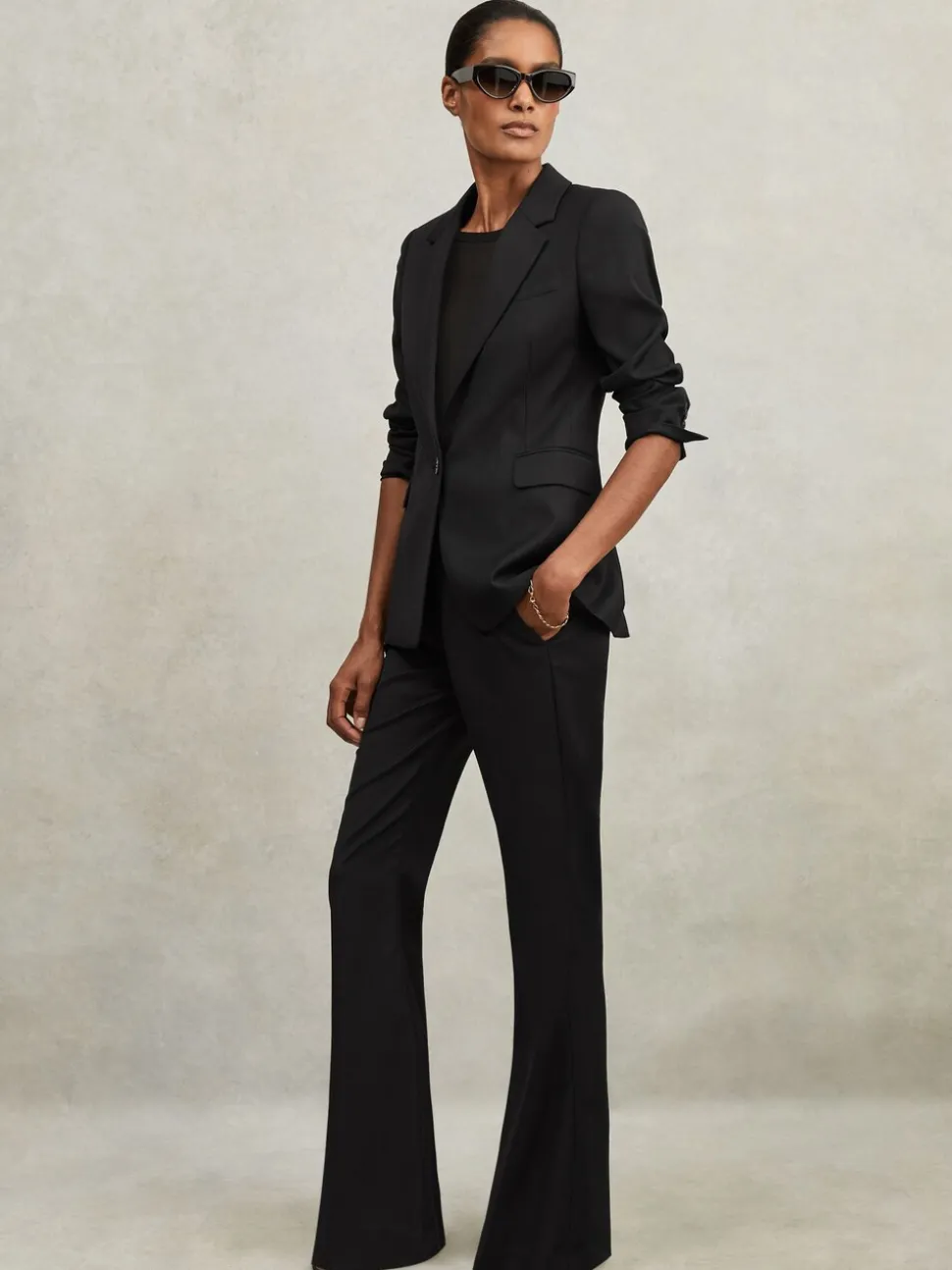 Reiss Black Haisley Wool-Blend Tailored Flared Suit Trousers