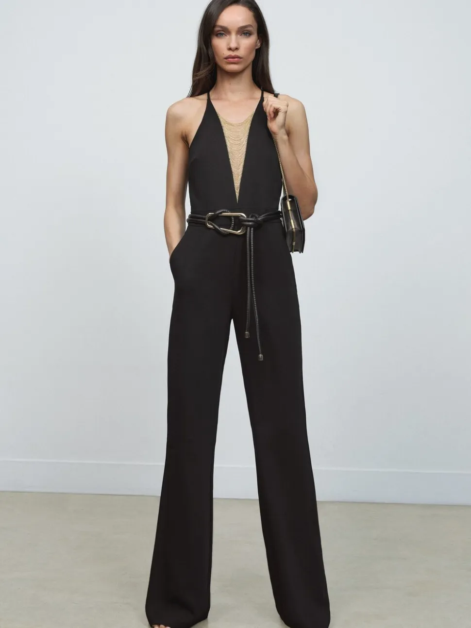 Reiss Black Kamila Chain-Detail Flared-Leg Jumpsuit