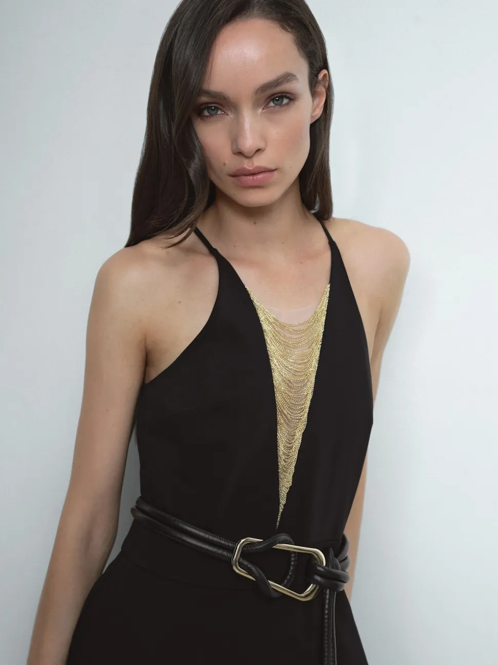 Reiss Black Kamila Chain-Detail Flared-Leg Jumpsuit