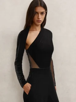 Reiss Black Karolina Velvet Sheer-Panel Wide-Leg Jumpsuit