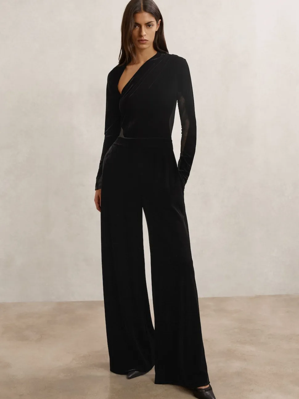 Reiss Black Karolina Velvet Sheer-Panel Wide-Leg Jumpsuit
