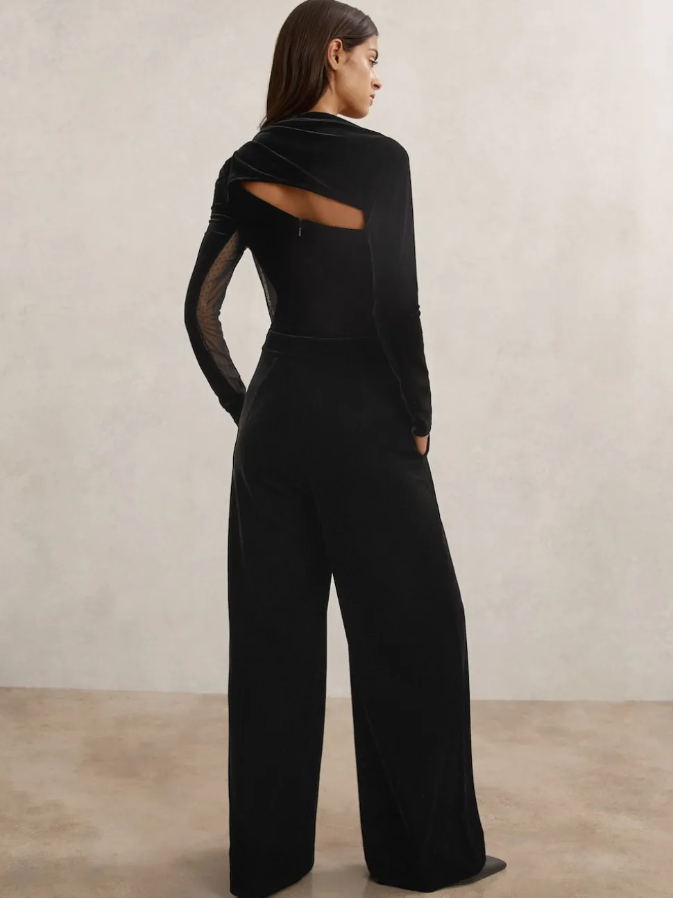Reiss Black Karolina Velvet Sheer-Panel Wide-Leg Jumpsuit