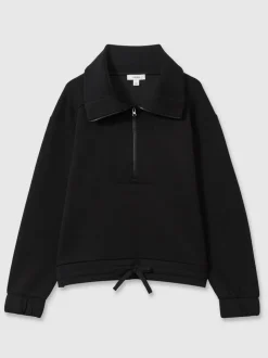Reiss Black Laney Premium Interlock Half-Zip Sweatshirt