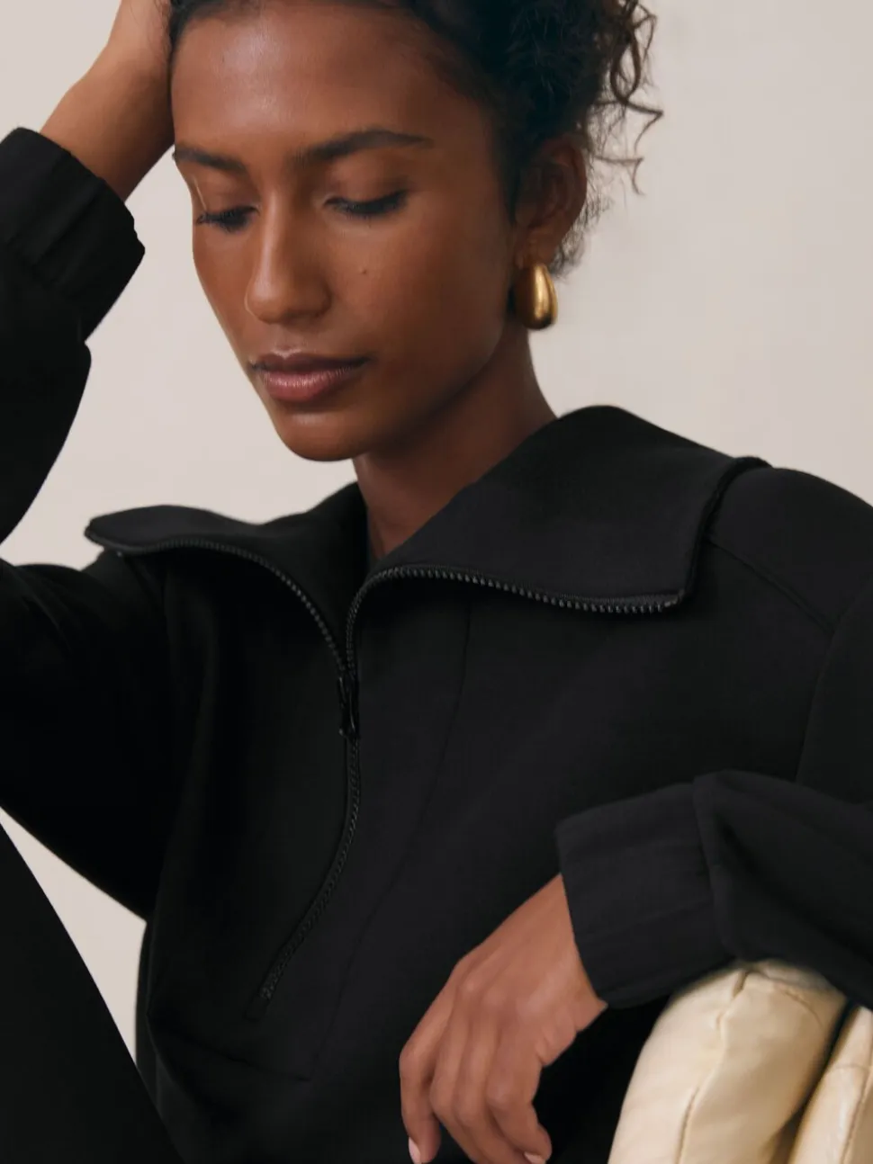 Reiss Black Laney Premium Interlock Half-Zip Sweatshirt