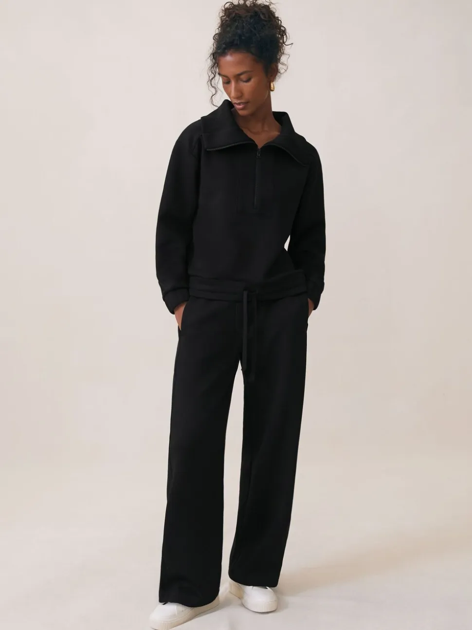 Reiss Black Laney Premium Interlock Half-Zip Sweatshirt