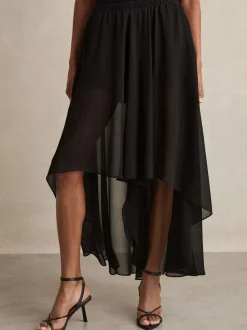 Reiss Black Lucie Sheer-Overlay High-Low Shorts