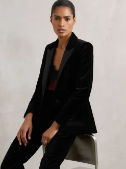 Reiss Black Myrtle Velvet Single Breasted Suit Blazer