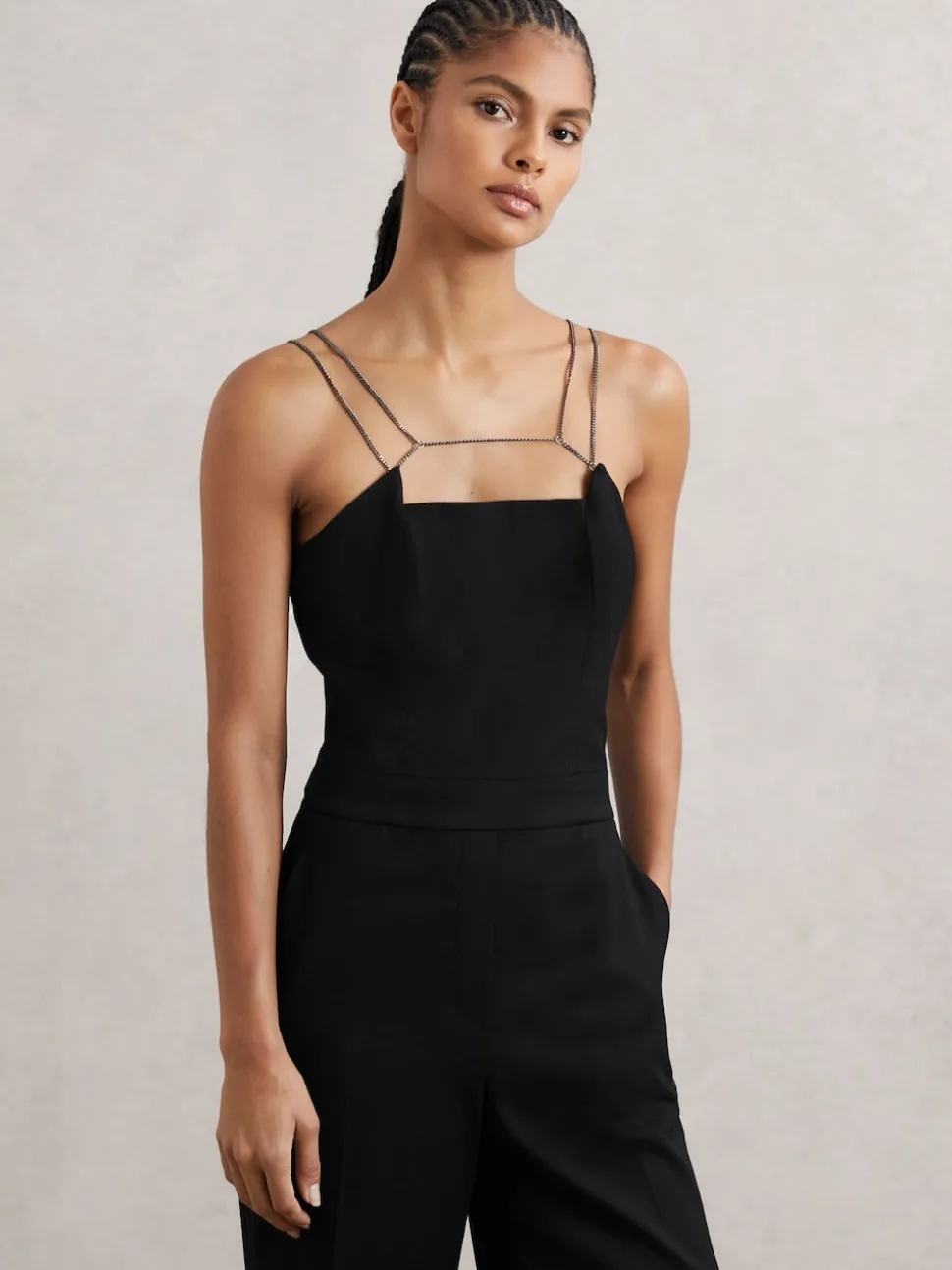 Reiss Black Olara Chain-Strap Wide-Leg Jumpsuit