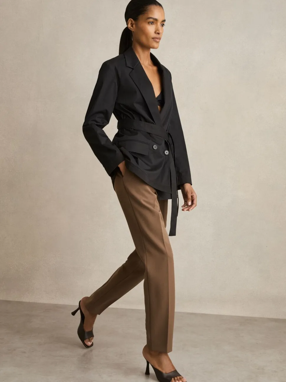 Reiss Black Osbourne Cotton Blend Double Breasted Belted Jacket