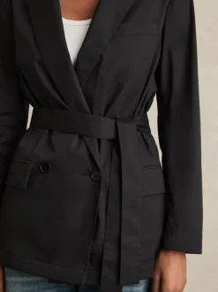 Reiss Black Osbourne Cotton Blend Double Breasted Belted Jacket