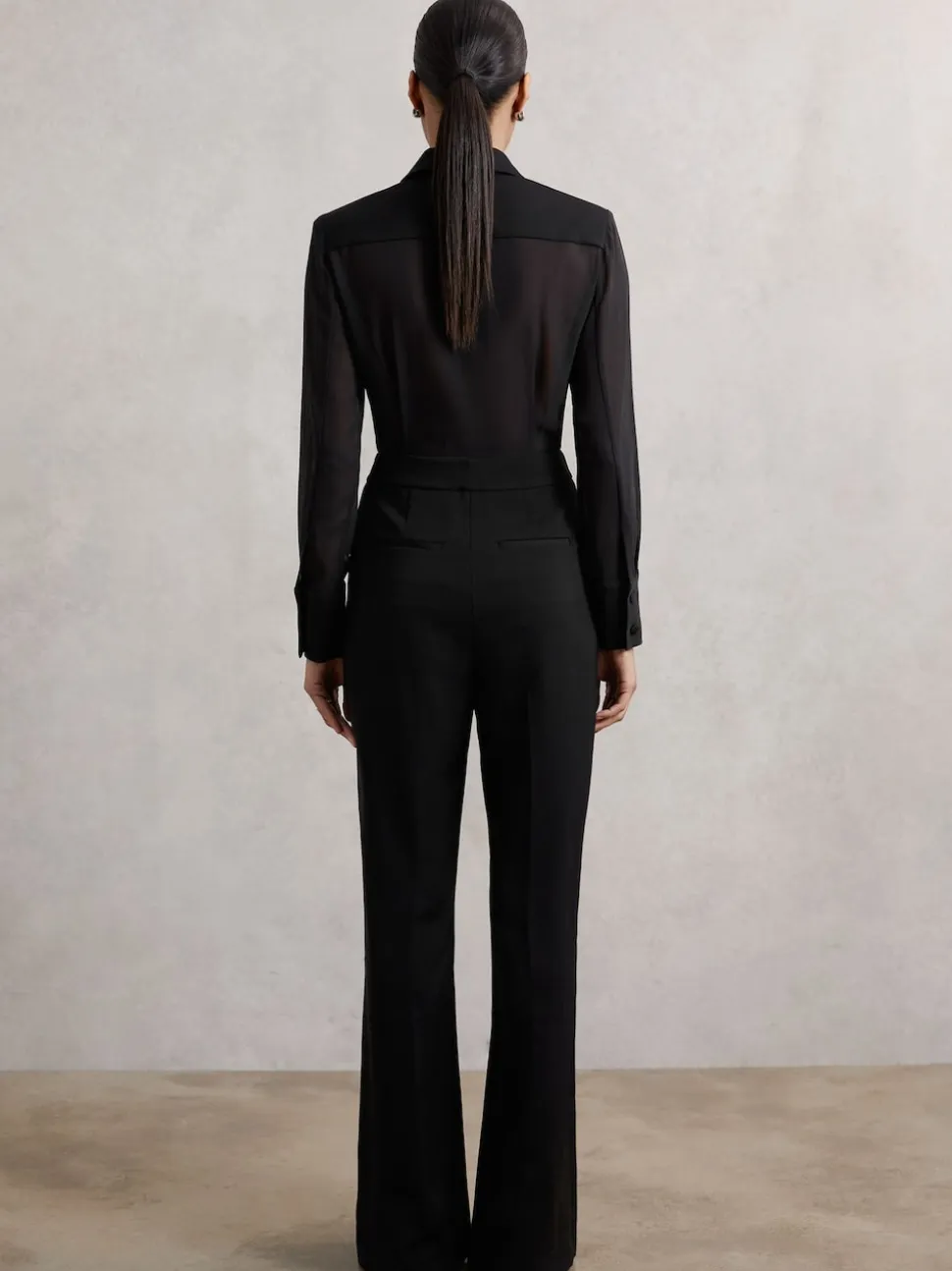 Reiss Black Perla Sheer-Sleeve Tuxedo Jumpsuit