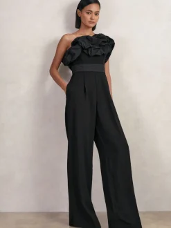 Reiss Black Sabbie Sculptural Strapless Wide-Leg Jumpsuit