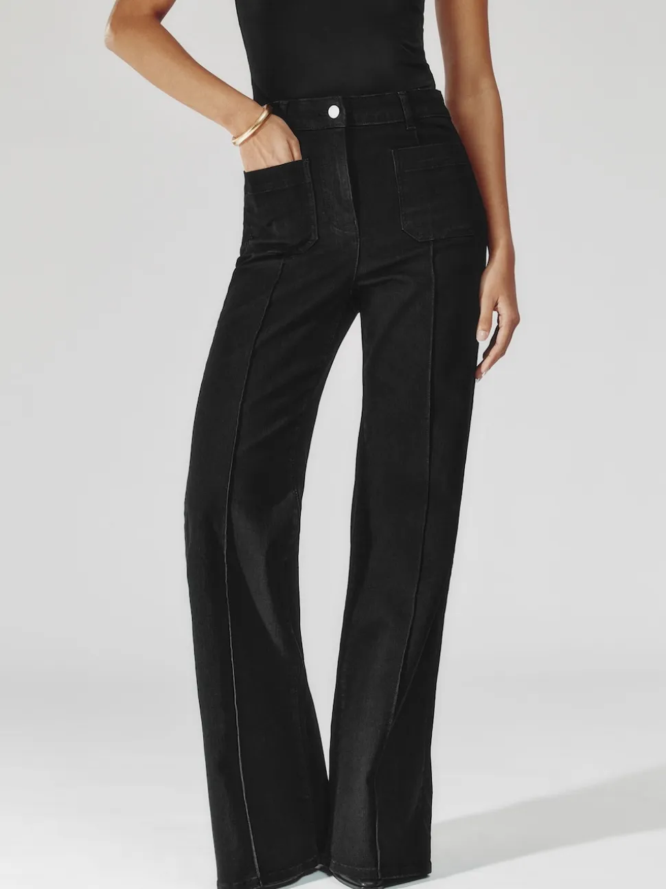 Reiss Black Sakura Patch-Pocket Flared Jeans