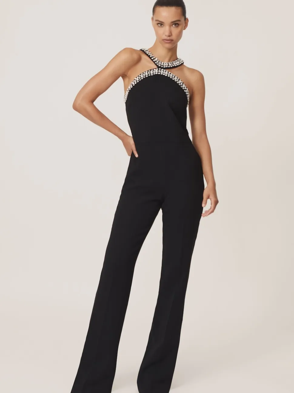Reiss Black Simone Crystal-Embellished Cut-Out Jumpsuit