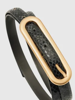 Reiss Black Snakeskin Chaya Suede Elongated-Buckle Skinny Belt