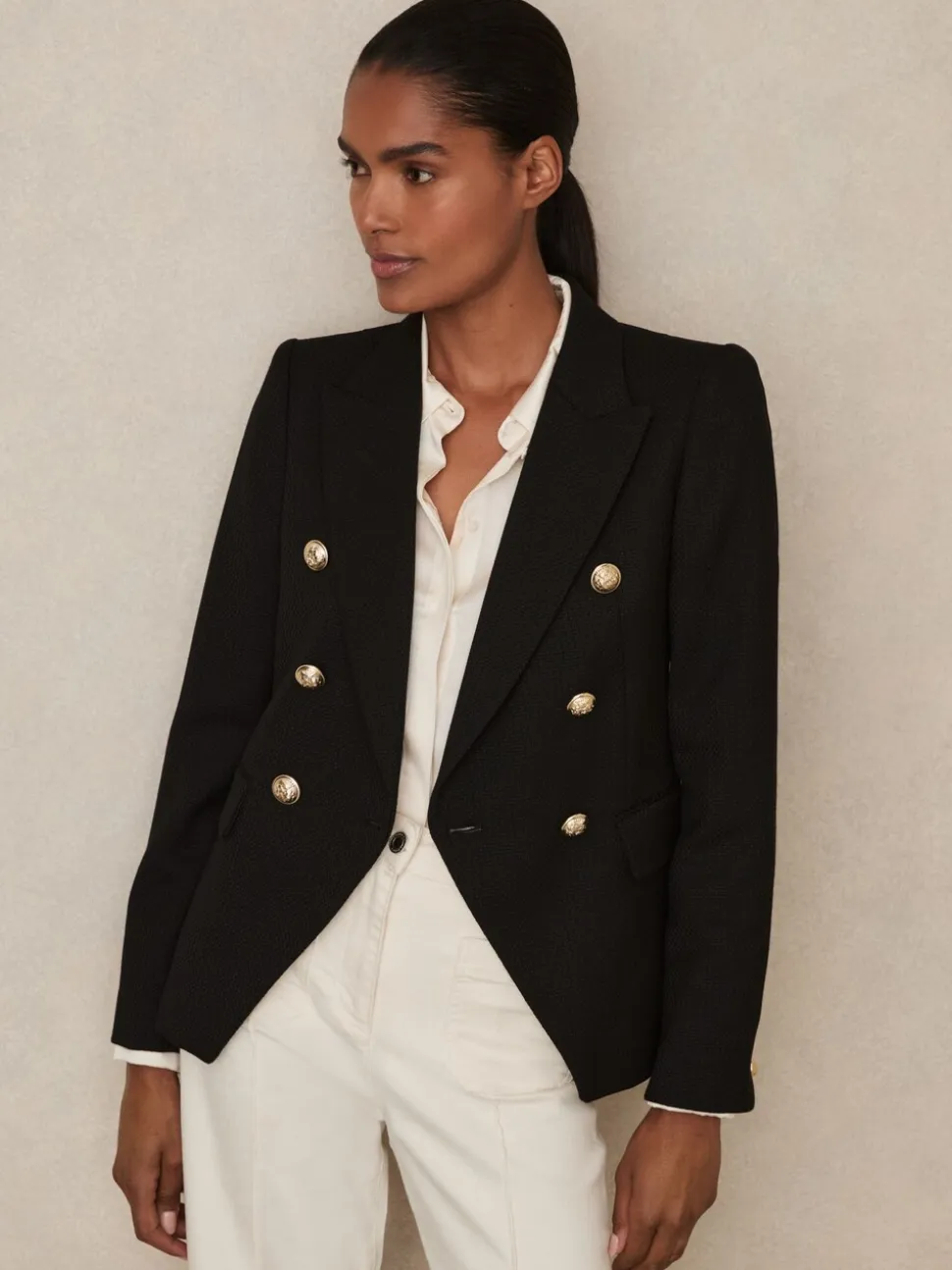 Reiss Black Tally Petite Tailored Fit Textured Double Breasted Blazer