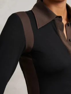 Reiss Black/Chocolate Brown Denise Jersey Colour-Block Collared Shirt