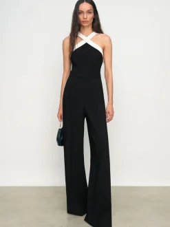 Reiss Black/Cream Cliona Colour-Block Halter Wide-Leg Jumpsuit