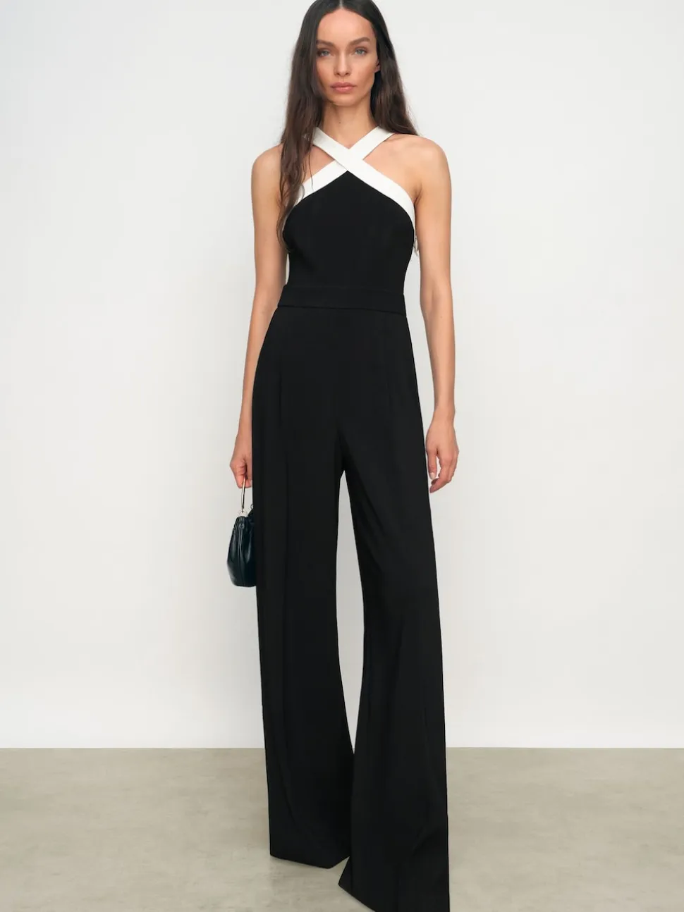 Reiss Black/Cream Cliona Colour-Block Halter Wide-Leg Jumpsuit