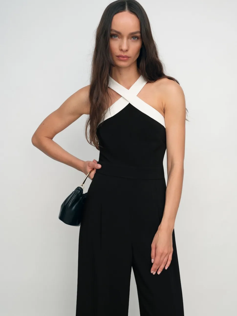 Reiss Black/Cream Cliona Colour-Block Halter Wide-Leg Jumpsuit