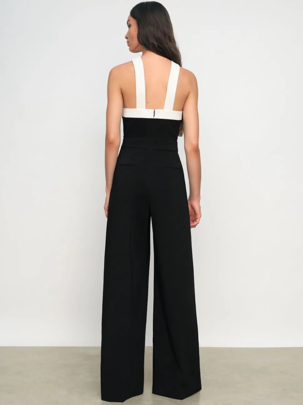 Reiss Black/Cream Cliona Colour-Block Halter Wide-Leg Jumpsuit