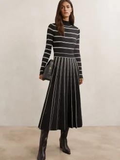 Reiss Black/Ivory Amber Stripe Pleated Knitted Midi Dress
