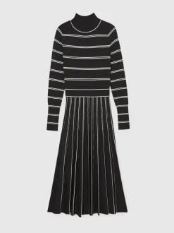 Reiss Black/Ivory Amber Stripe Pleated Knitted Midi Dress