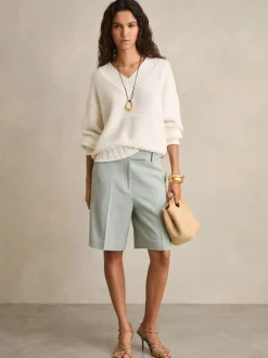 Reiss Blue Dalora Tailored Bermuda Shorts with Linen