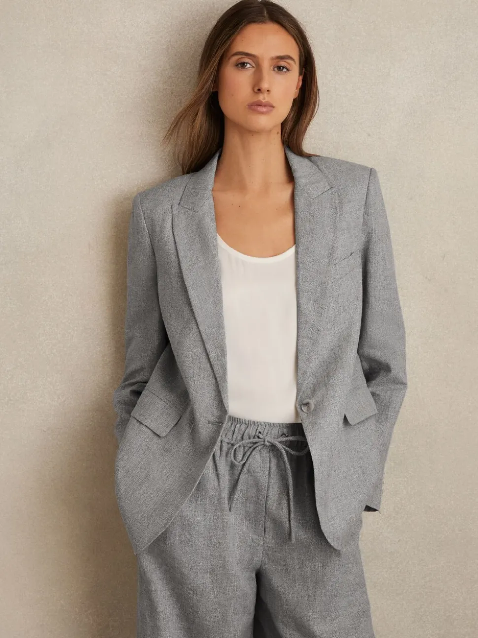 Reiss Blue Willow Linen-Blend Single-Breasted Blazer