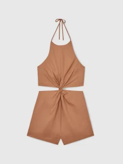 Reiss Brown Bay Linen Halterneck Cut Out Playsuit